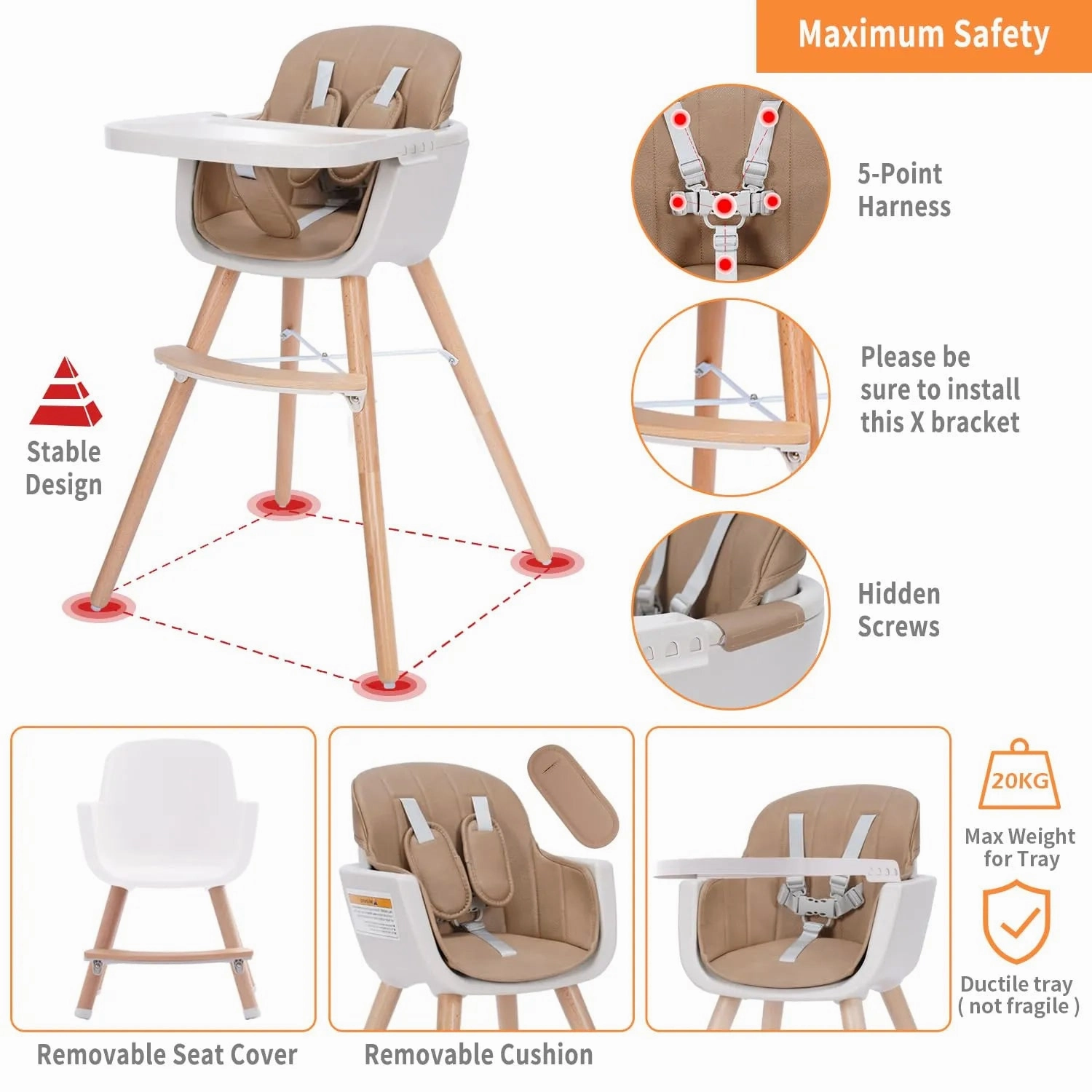 3-in-1 Convertible Wooden High Chair, Brown Color