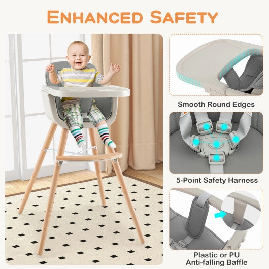 3-in-1 Convertible Wooden High Chair With Cushion-Gray