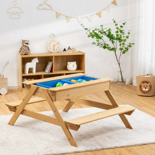 3-in-1 Kids Picnic Table Wooden Outdoor Water Sand Table With Play Boxes