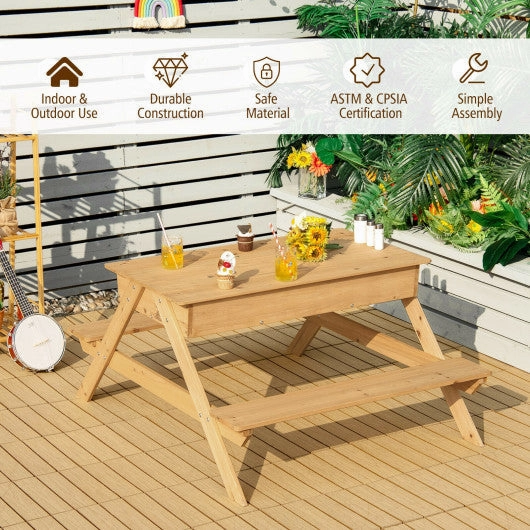 3-in-1 Kids Picnic Table Wooden Outdoor Water Sand Table With Play Boxes