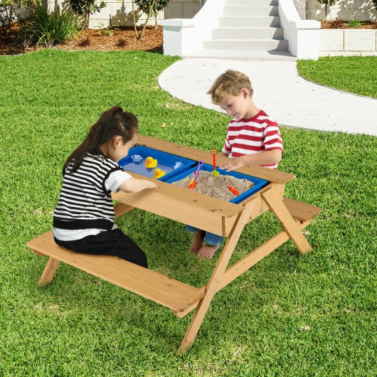 3-in-1 Kids Picnic Table Wooden Outdoor Water Sand Table With Play Boxes