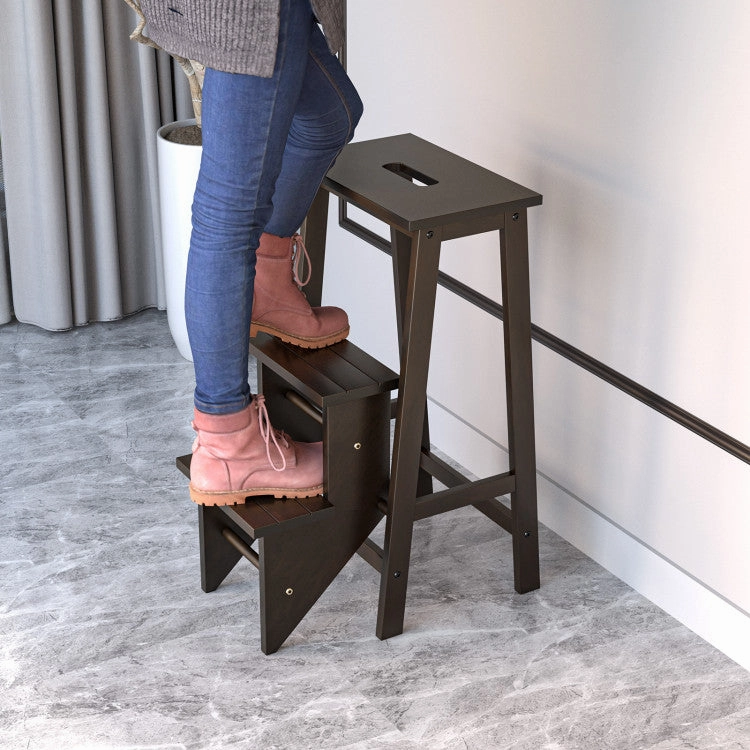 3-in-1 Rubber Wood Step Stool With Convenient Handle-Dark Brown