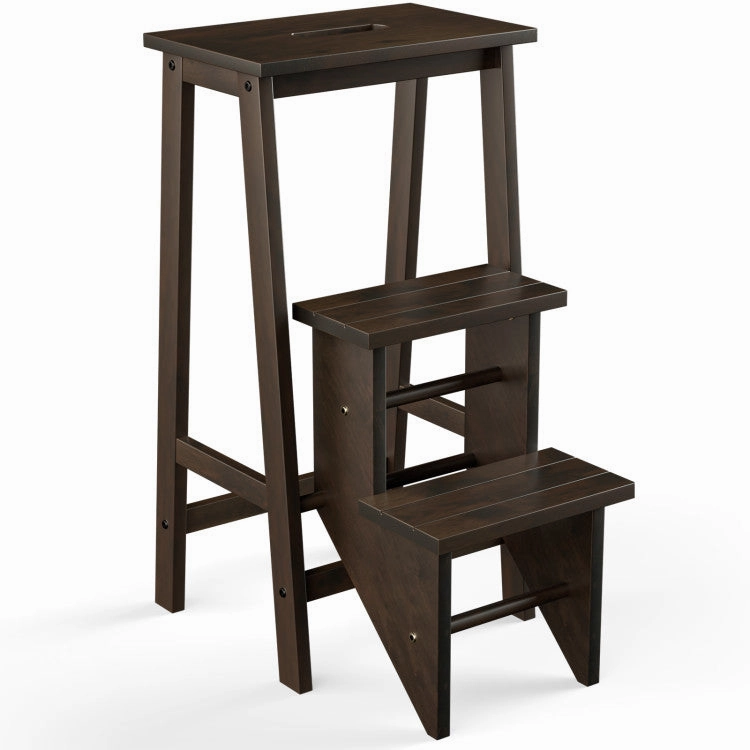 3-in-1 Rubber Wood Step Stool With Convenient Handle-Dark Brown