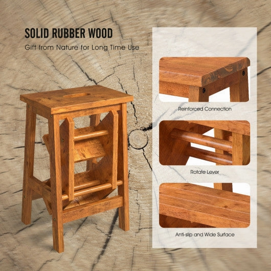 3-in-1 Rubber Wood Step Stool With Convenient Handle-Dark Brown