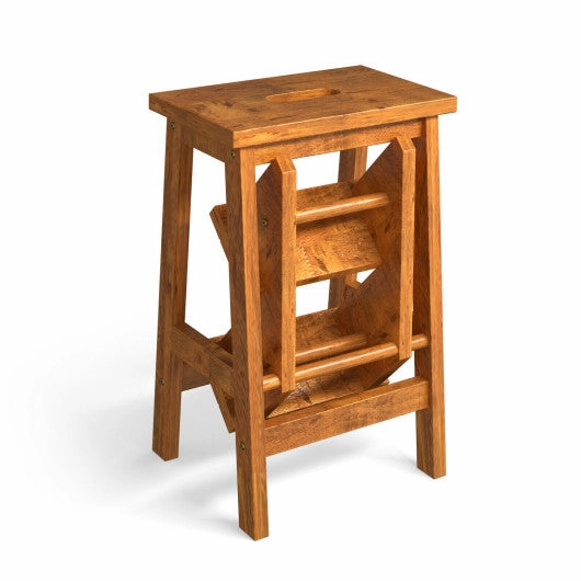 3-in-1 Rubber Wood Step Stool With Convenient Handle-Dark Brown