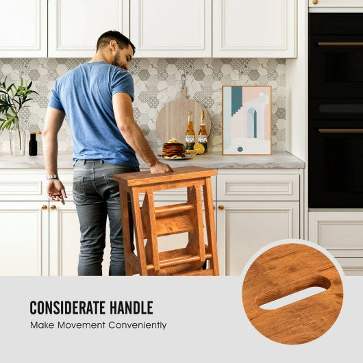 3-in-1 Rubber Wood Step Stool With Convenient Handle-Dark Brown