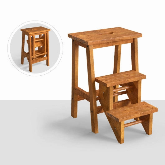 3-in-1 Rubber Wood Step Stool With Convenient Handle-Dark Brown