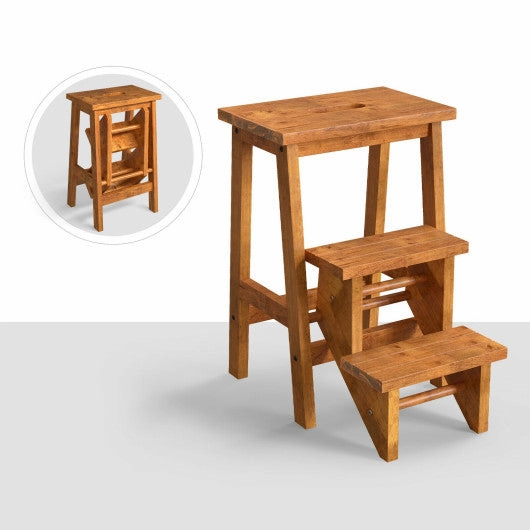 3-in-1 Rubber Wood Step Stool With Convenient Handle-Dark Brown