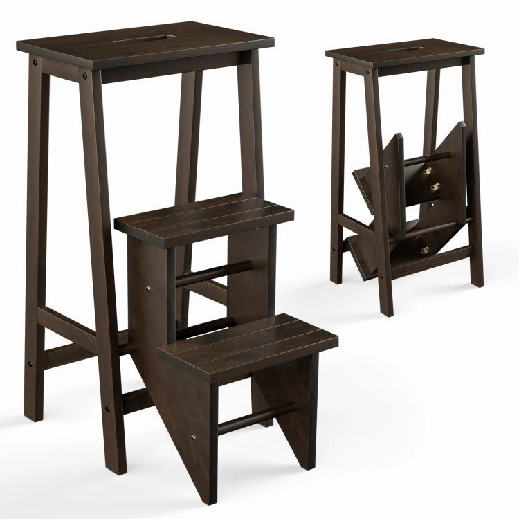 3-in-1 Rubber Wood Step Stool With Convenient Handle-Dark Brown