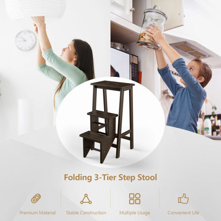 3-in-1 Rubber Wood Step Stool With Convenient Handle-Dark Brown
