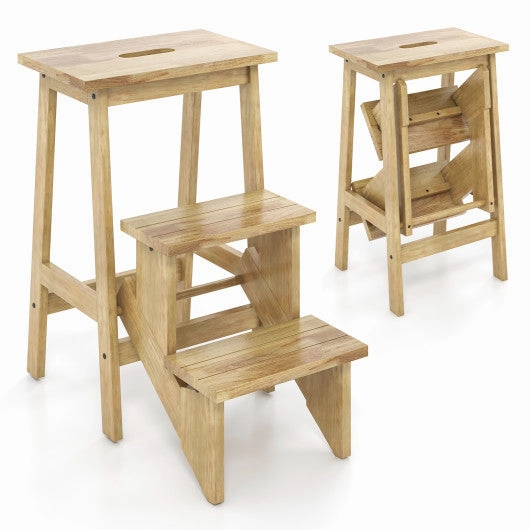 3-in-1 Rubber Wood Step Stool With Convenient Handle-Natural