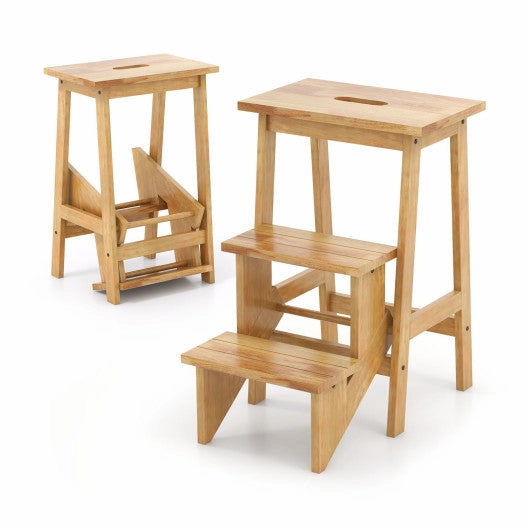 3-in-1 Rubber Wood Step Stool With Convenient Handle-Natural