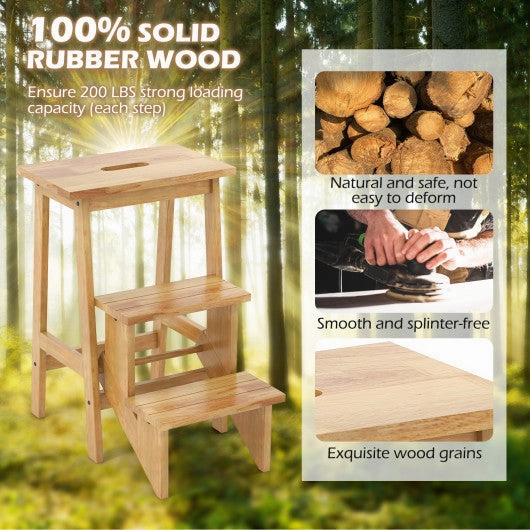 3-in-1 Rubber Wood Step Stool With Convenient Handle-Natural