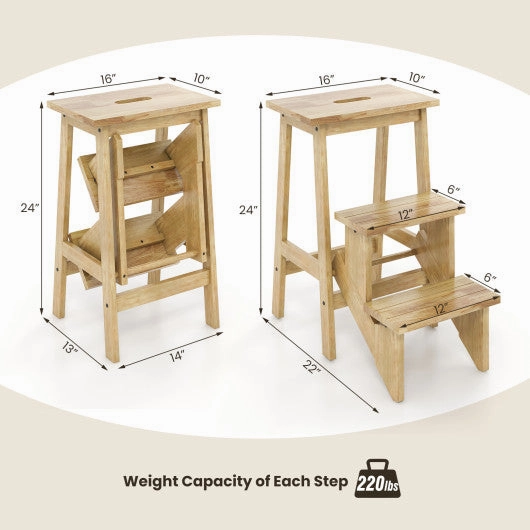 3-in-1 Rubber Wood Step Stool With Convenient Handle-Natural