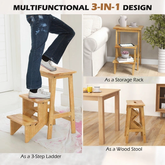 3-in-1 Rubber Wood Step Stool With Convenient Handle-Natural