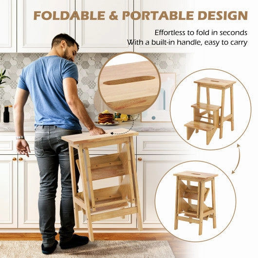 3-in-1 Rubber Wood Step Stool With Convenient Handle-Natural