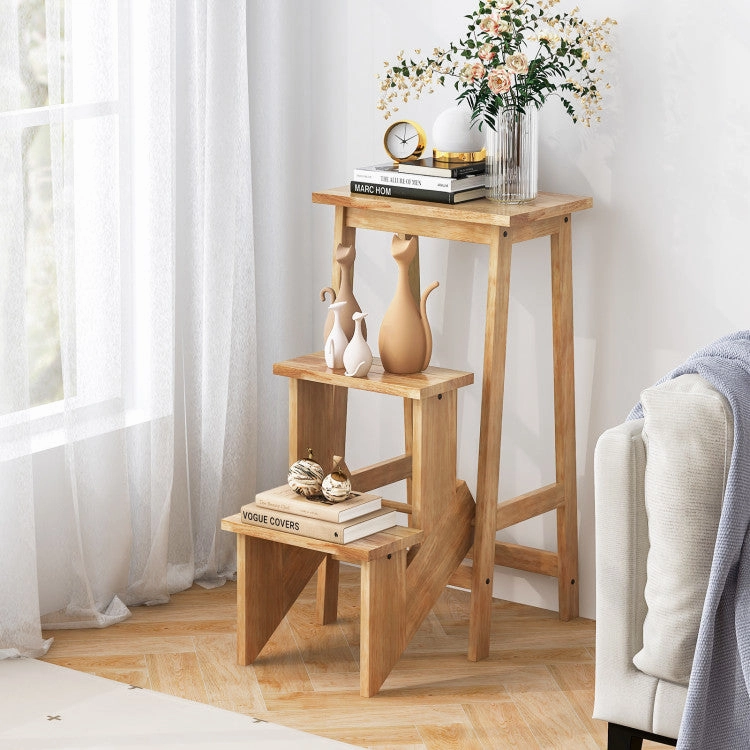 3-in-1 Rubber Wood Step Stool With Convenient Handle-Natural