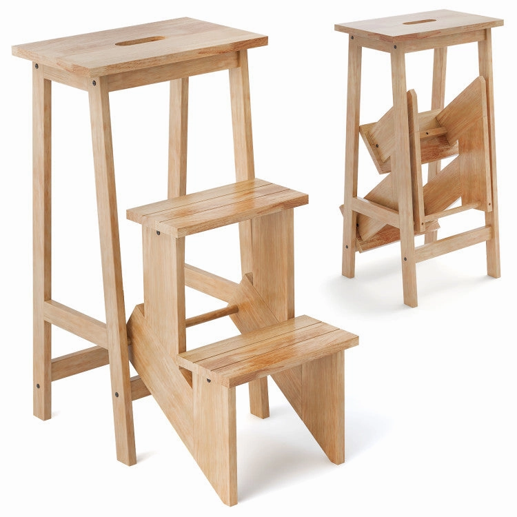 3-in-1 Rubber Wood Step Stool With Convenient Handle-Natural