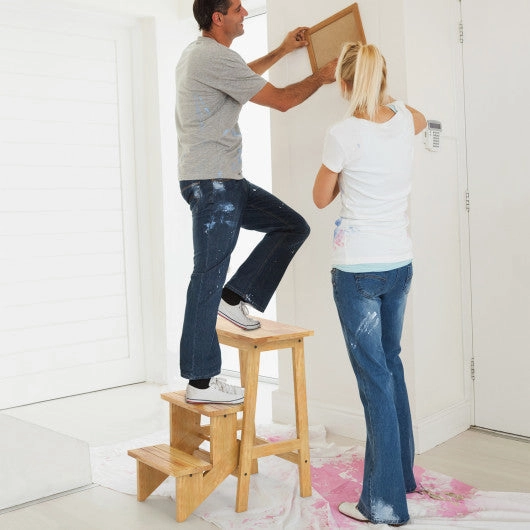 3-in-1 Rubber Wood Step Stool With Convenient Handle-Natural