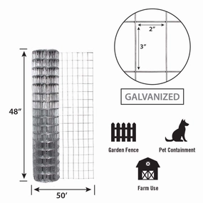 48in x 50ft Galvanized Garden Fence with 2in x 3in Openings