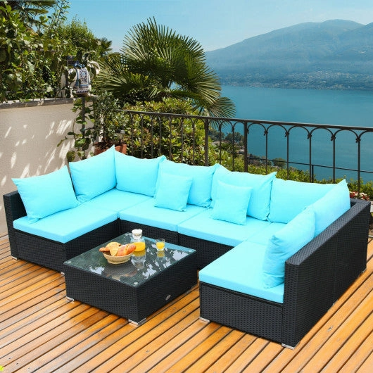 7-Piece Outdoor Sectional Wicker Patio Sofa Set With Tempered Glass Top-Blue