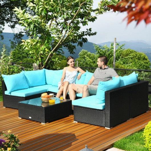 7-Piece Outdoor Sectional Wicker Patio Sofa Set With Tempered Glass Top-Blue