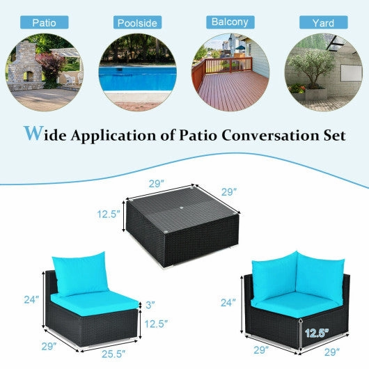 7-Piece Outdoor Sectional Wicker Patio Sofa Set With Tempered Glass Top-Blue