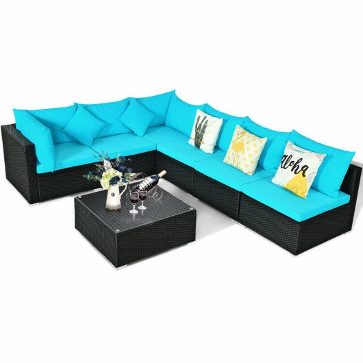 7-Piece Outdoor Sectional Wicker Patio Sofa Set With Tempered Glass Top-Blue