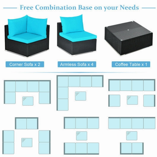 7-Piece Outdoor Sectional Wicker Patio Sofa Set With Tempered Glass Top-Blue