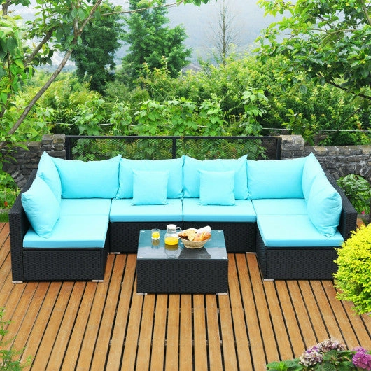 7-Piece Outdoor Sectional Wicker Patio Sofa Set With Tempered Glass Top-Blue