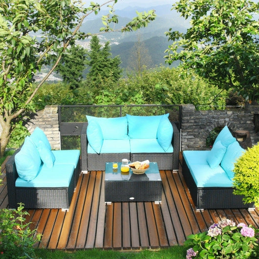 7-Piece Outdoor Sectional Wicker Patio Sofa Set With Tempered Glass Top-Blue