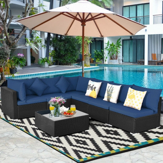 7-Piece Outdoor Sectional Wicker Patio Sofa Set With Tempered Glass Top-Navy