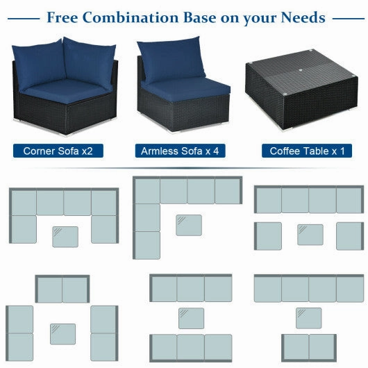 7-Piece Outdoor Sectional Wicker Patio Sofa Set With Tempered Glass Top-Navy