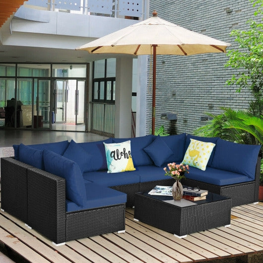 7-Piece Outdoor Sectional Wicker Patio Sofa Set With Tempered Glass Top-Navy