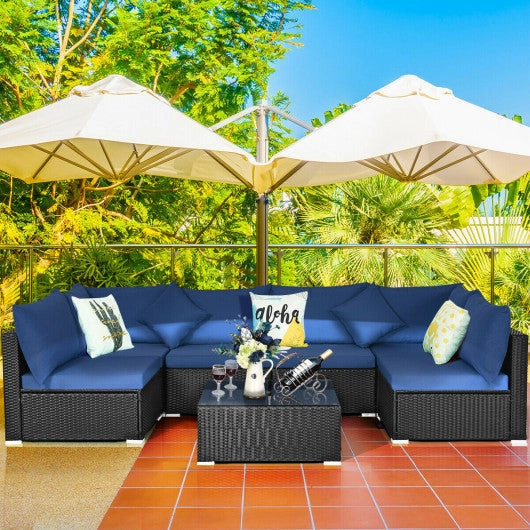 7-Piece Outdoor Sectional Wicker Patio Sofa Set With Tempered Glass Top-Navy