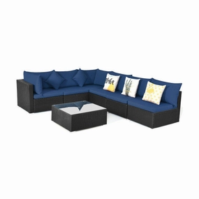 7-Piece Outdoor Sectional Wicker Patio Sofa Set With Tempered Glass Top-Navy