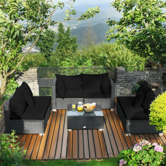 7 Pieces Outdoor Sectional Wicker Patio Furniture Sofa Set With Tempered Glass Top and Softy Cushions-Black