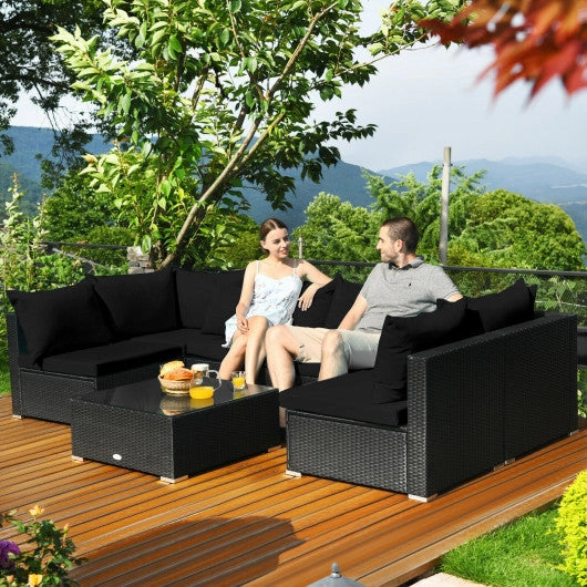 7 Pieces Outdoor Sectional Wicker Patio Furniture Sofa Set With Tempered Glass Top and Softy Cushions-Black