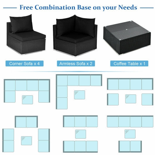 7 Pieces Outdoor Sectional Wicker Patio Furniture Sofa Set With Tempered Glass Top and Softy Cushions-Black