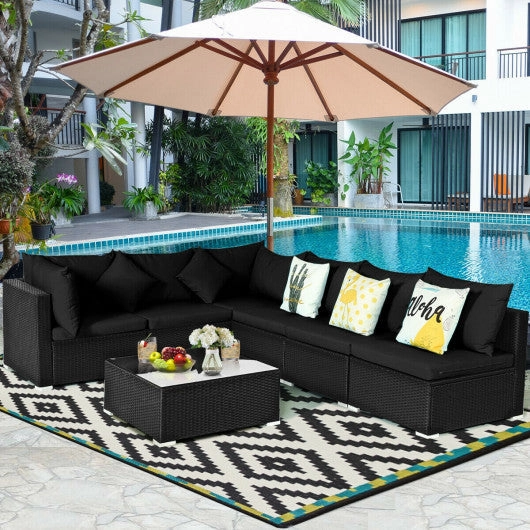 7 Pieces Outdoor Sectional Wicker Patio Furniture Sofa Set With Tempered Glass Top and Softy Cushions-Black
