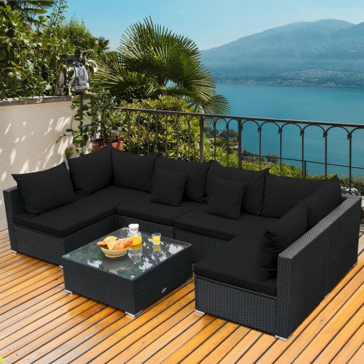 7 Pieces Outdoor Sectional Wicker Patio Furniture Sofa Set With Tempered Glass Top and Softy Cushions-Black