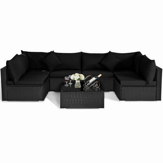 7 Pieces Outdoor Sectional Wicker Patio Furniture Sofa Set With Tempered Glass Top and Softy Cushions-Black