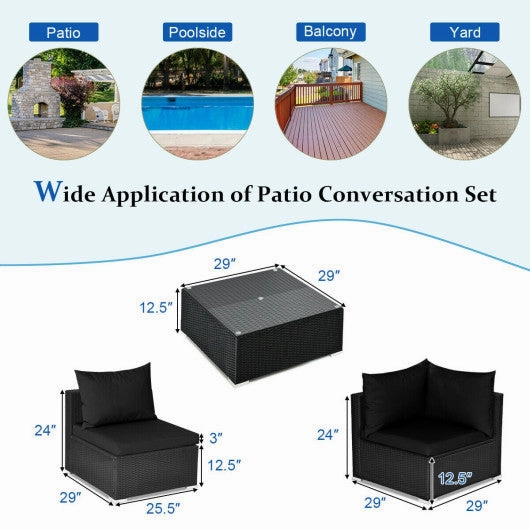 7 Pieces Outdoor Sectional Wicker Patio Furniture Sofa Set With Tempered Glass Top and Softy Cushions-Black