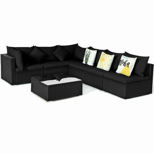 7 Pieces Outdoor Sectional Wicker Patio Furniture Sofa Set With Tempered Glass Top and Softy Cushions-Black