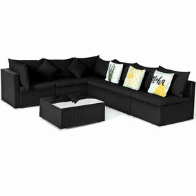 7 Pieces Outdoor Sectional Wicker Patio Furniture Sofa Set With Tempered Glass Top and Softy Cushions-Black