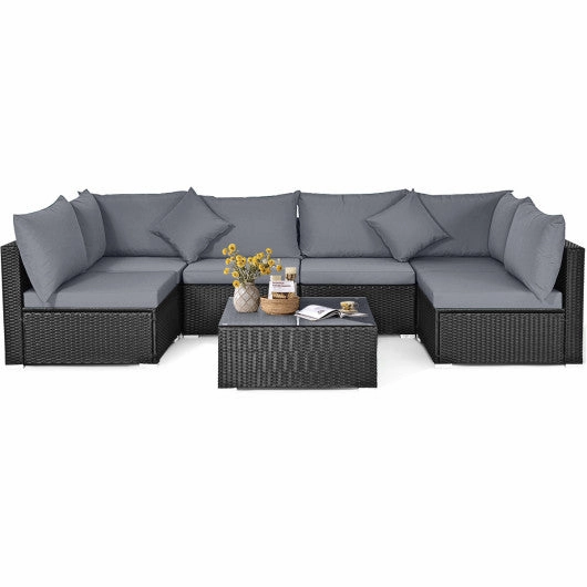 7 Pieces Sectional Wicker Furniture Sofa Set With Tempered Glass Top Coffee Table-Gray