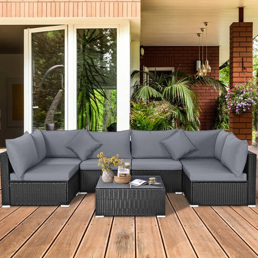7 Pieces Sectional Wicker Furniture Sofa Set With Tempered Glass Top Coffee Table-Gray