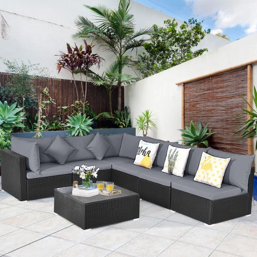 7 Pieces Sectional Wicker Furniture Sofa Set With Tempered Glass Top Coffee Table-Gray