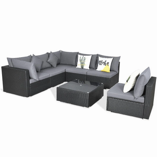 7 Pieces Sectional Wicker Furniture Sofa Set With Tempered Glass Top Coffee Table-Gray
