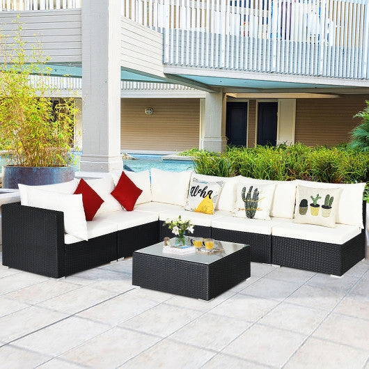 7 Pieces Sectional Wicker Furniture Sofa Set With Tempered Glass Top-Gray & Off White